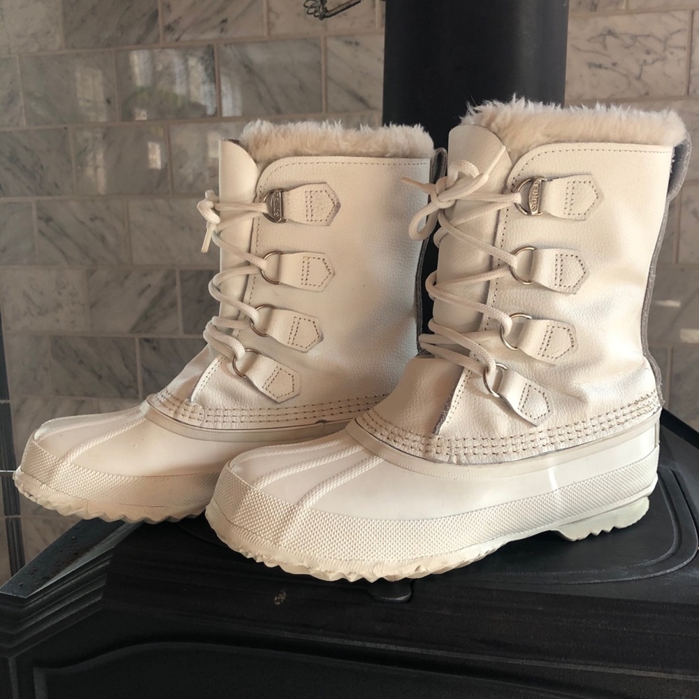 Sorel White Leather Shearling Waterproof Boots